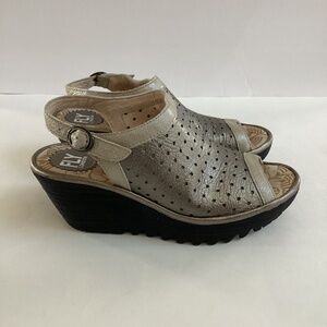 Fly London Yile Metallic Peep Toe Wedge Sandal Perforated Slingback Leather 37